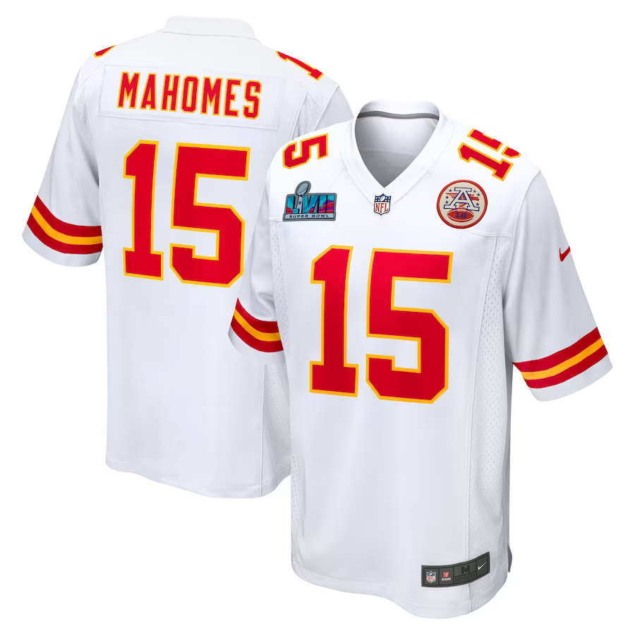 Men's Kansas City Chiefs Patrick Mahomes #15 White Super Bowl LVII Patch Away Jersey